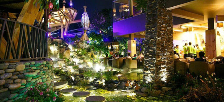 Để tạo điểm nhấn và nâng tầm thẩm mỹ cho không gian này, bạn có thể đặt những chiếc đèn đứng gần gốc cây.