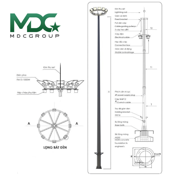 Cột giàn đèn nâng hạ MDC Lighting ngày càng được ưa chuộng sử dụng trong các sân thể thao