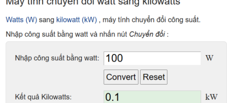 100W bằng bao nhiêu kW?